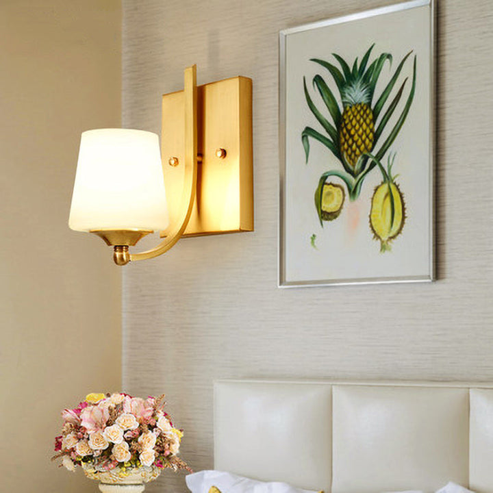 Skørter | Frosted Glass Brass Wall Lamp Conical 1-Light Modern Wall-Mounted Light with Curved Arm for Entrance