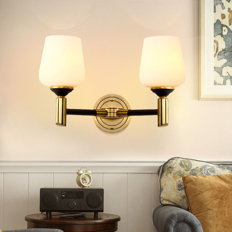 Skørter | Vintage Conical Wall Lamp 1/2-Cup Frosted Glass Wall Candle Holder Lighting in Black-Gold for Hall