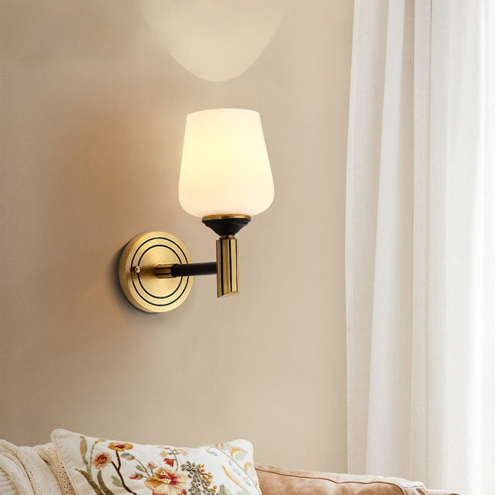 Skørter | Vintage Conical Wall Lamp 1/2-Cup Frosted Glass Wall Candle Holder Lighting in Black-Gold for Hall