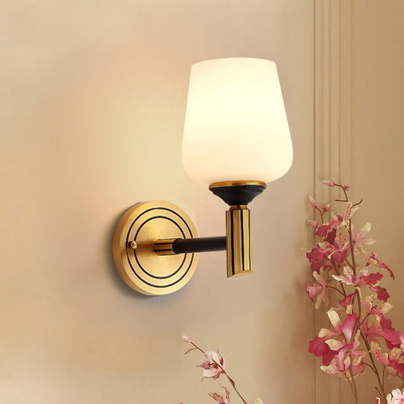 Skørter | Vintage Conical Wall Lamp 1/2-Cup Frosted Glass Wall Candle Holder Lighting in Black-Gold for Hall