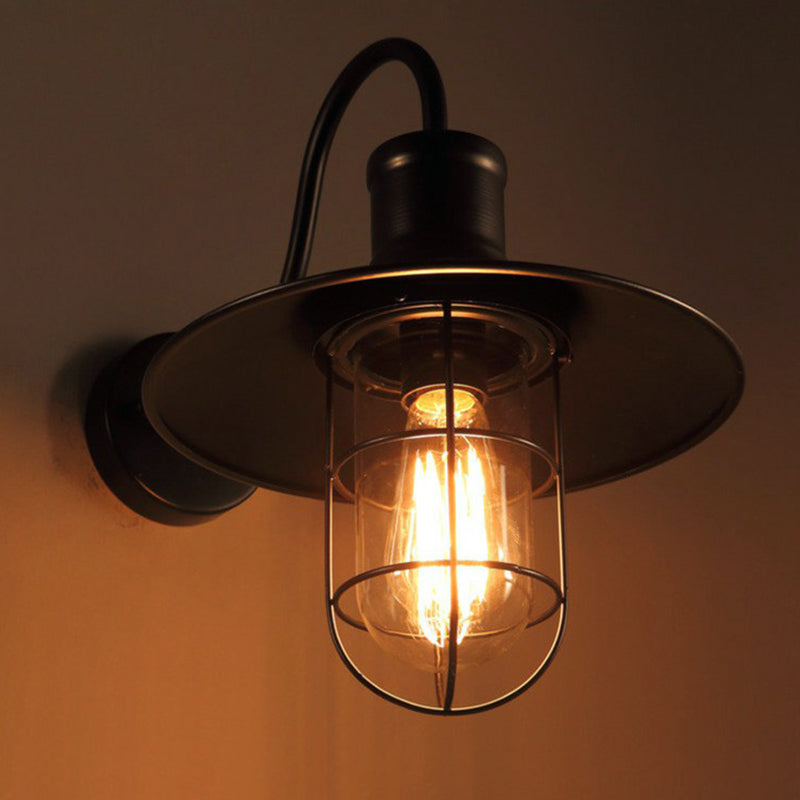 Skørter | Black Conical Wall Lamp Industrial Metal 1 Head Corridor Gooseneck Wall Sconces with Cage