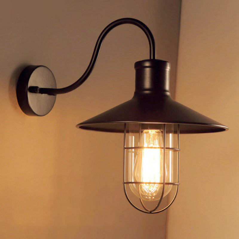 Skørter | Black Conical Wall Lamp Industrial Metal 1 Head Corridor Gooseneck Wall Sconces with Cage