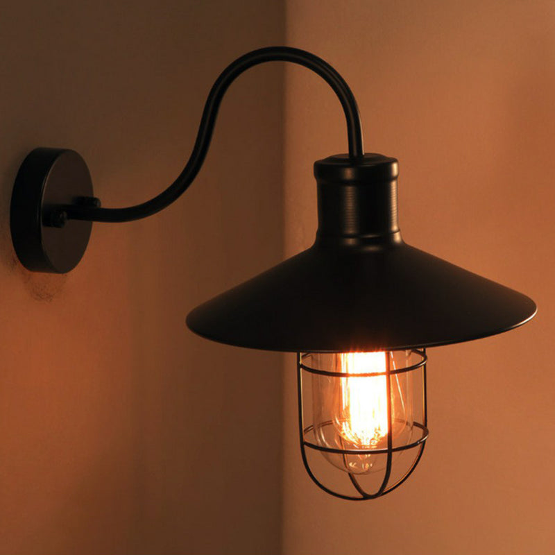 Skørter | Black Conical Wall Lamp Industrial Metal 1 Head Corridor Gooseneck Wall Sconces with Cage