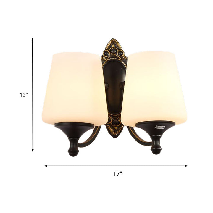 Skørter | Retro Conical Wall Light 1/2-Light White Glass Wall Mounted Light with Metal Curved Arm in Black