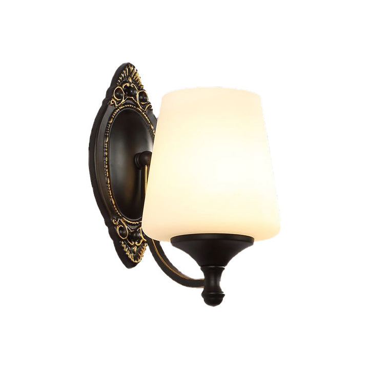 Skørter | Retro Conical Wall Light 1/2-Light White Glass Wall Mounted Light with Metal Curved Arm in Black