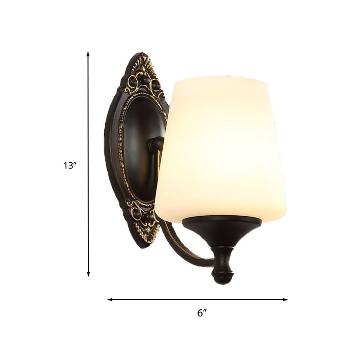 Skørter | Retro Conical Wall Light 1/2-Light White Glass Wall Mounted Light with Metal Curved Arm in Black