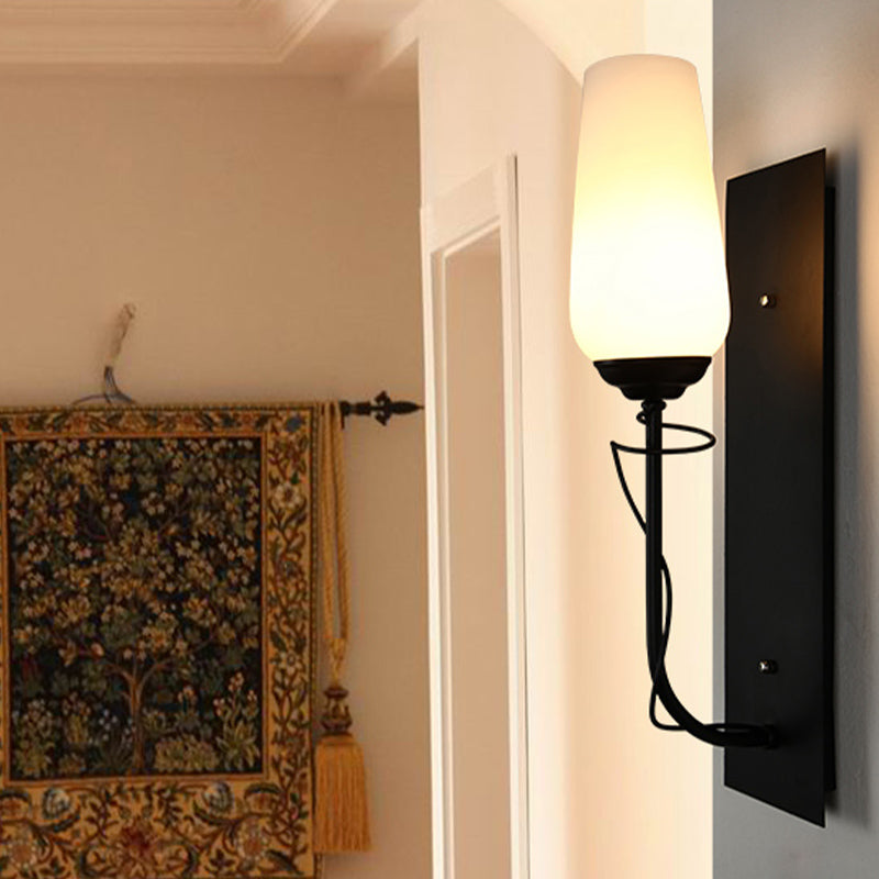 Skørter | Opal Glass Tapered Wall Lamp Vintage Style Single Light Living Room Wall Lamp in Black