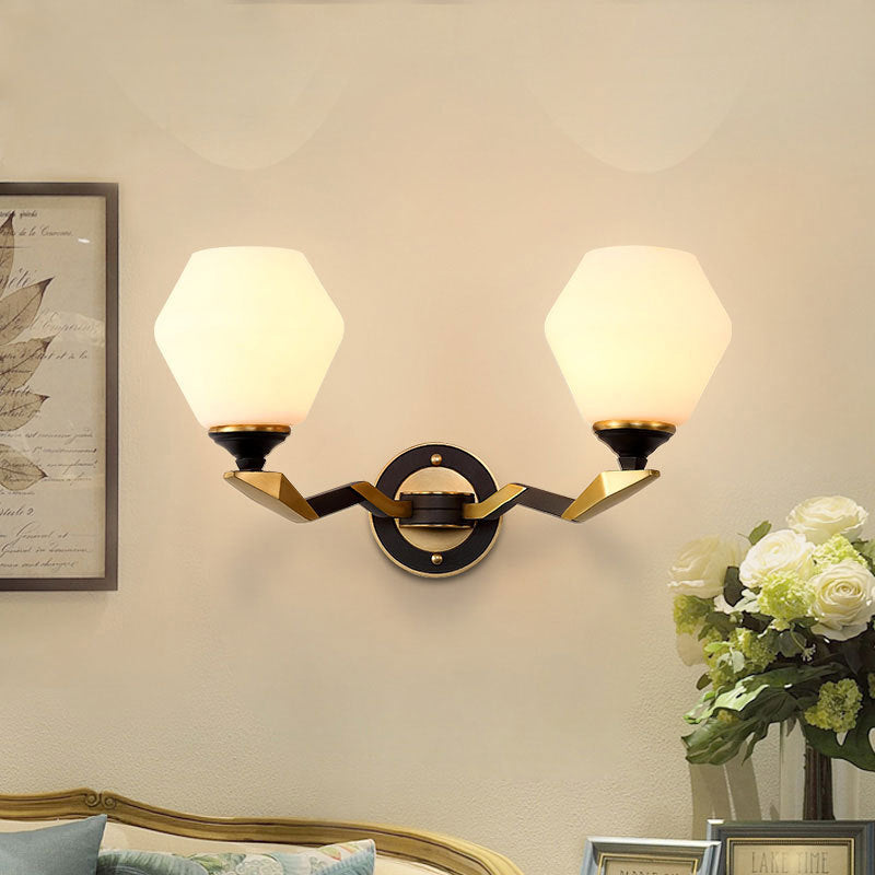 Skørter | Black-Gold 1/2-Light Wall Lamp Antique Ivory Glass Geometric Wall Lights with Curved Arm for Bedroom