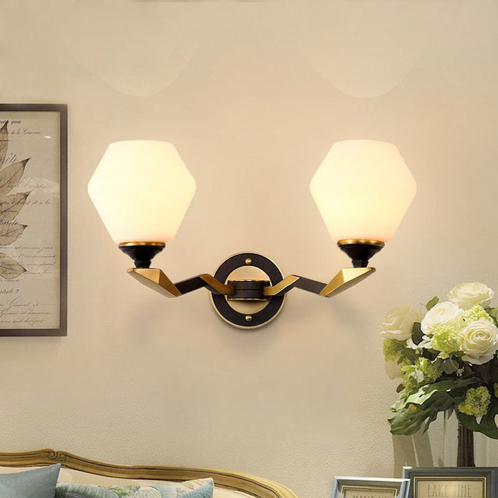 Skørter | Black-Gold 1/2-Light Wall Lamp Antique Ivory Glass Geometric Wall Lights with Curved Arm for Bedroom