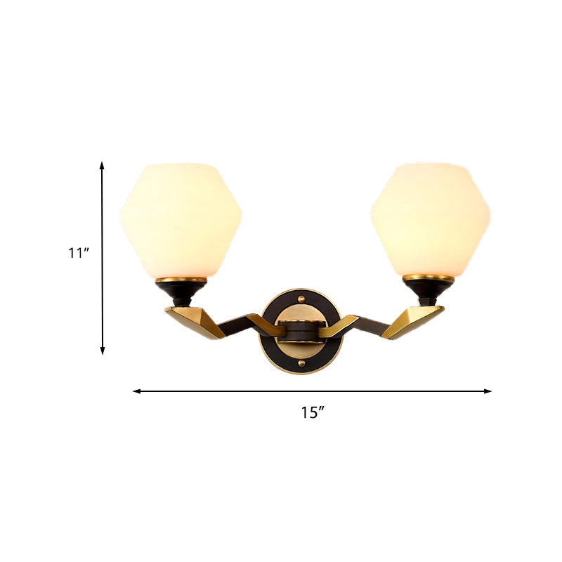 Skørter | Black-Gold 1/2-Light Wall Lamp Antique Ivory Glass Geometric Wall Lights with Curved Arm for Bedroom