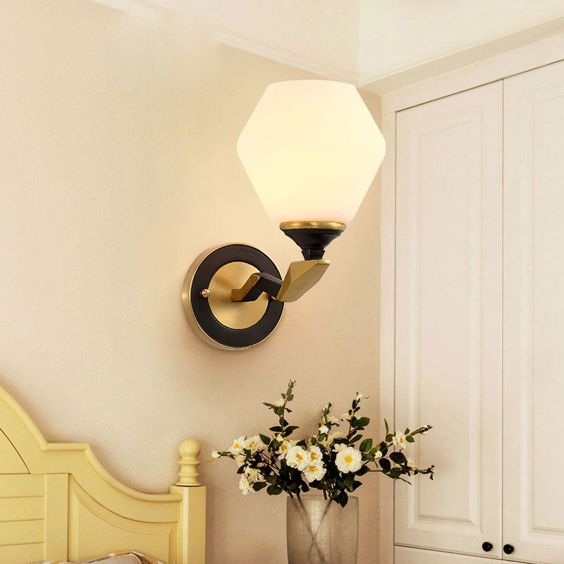 Skørter | Black-Gold 1/2-Light Wall Lamp Antique Ivory Glass Geometric Wall Lights with Curved Arm for Bedroom