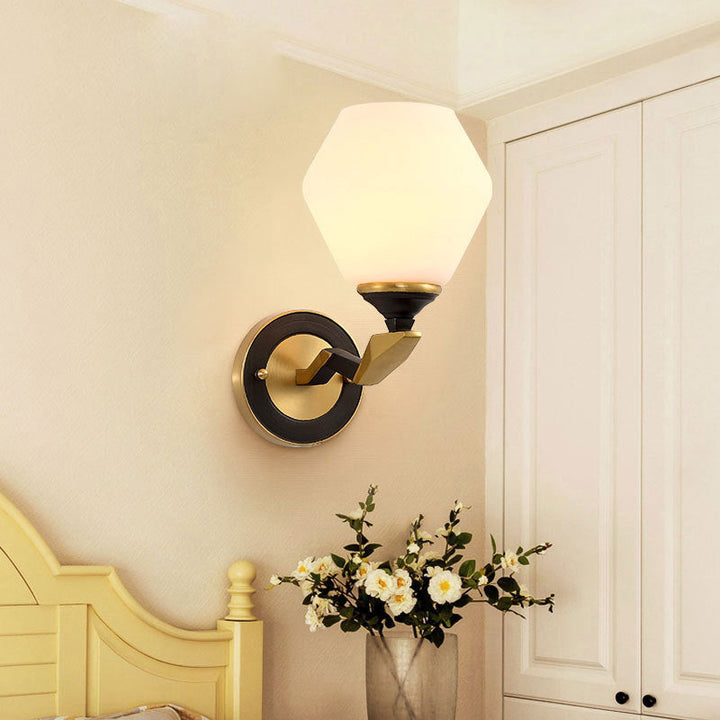 Skørter | Black-Gold 1/2-Light Wall Lamp Antique Ivory Glass Geometric Wall Lights with Curved Arm for Bedroom