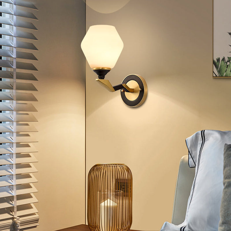 Skørter | Black-Gold 1/2-Light Wall Lamp Antique Ivory Glass Geometric Wall Lights with Curved Arm for Bedroom