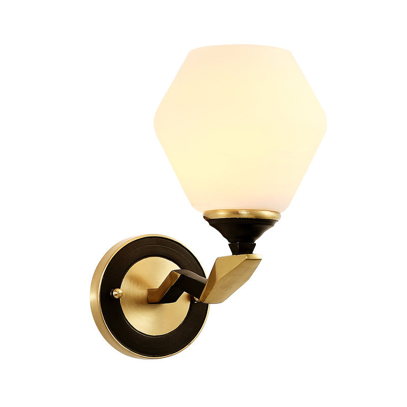 Skørter | Black-Gold 1/2-Light Wall Lamp Antique Ivory Glass Geometric Wall Lights with Curved Arm for Bedroom