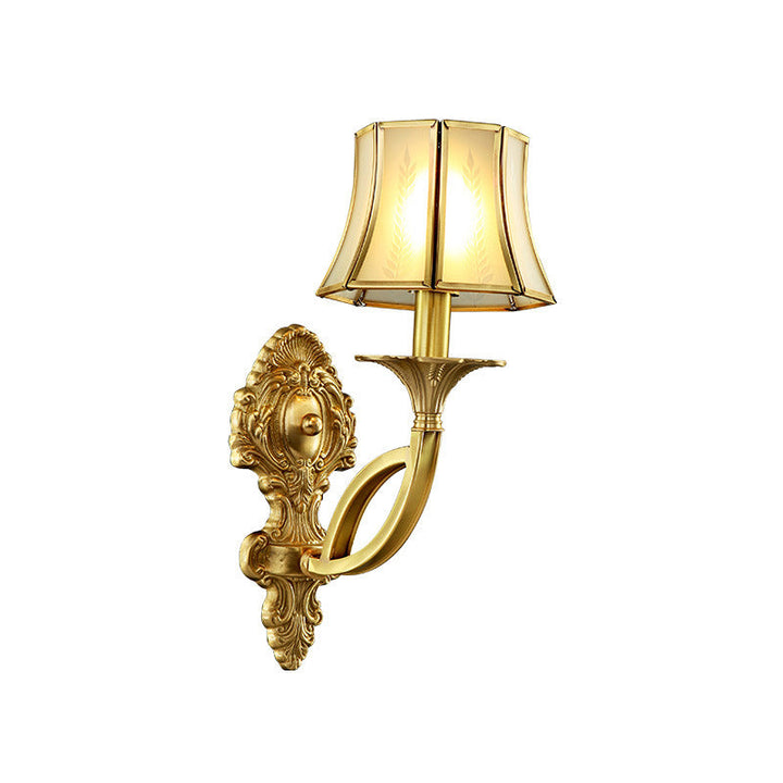 Skørter | 1/2-Light Frosted Glass Wall Lamp Traditional Brass Paneled Bell Living Room Wall Light with Curved Arm