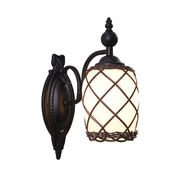 Skørter | Cylinder Cream Glass Wall Lamp Traditional 1 Light Bedroom Wall Lamp with Bamboo Fabric Shade in Black
