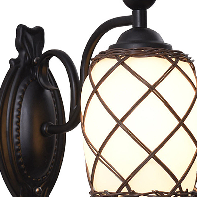 Skørter | Cylinder Cream Glass Wall Lamp Traditional 1 Light Bedroom Wall Lamp with Bamboo Fabric Shade in Black