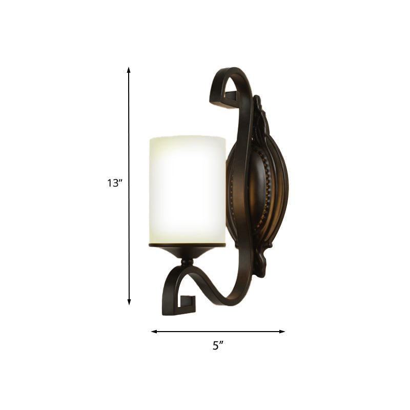 Skørter | Black cylindrical wall lamp vintage style metal 1-light study wall lamp with white glass shade