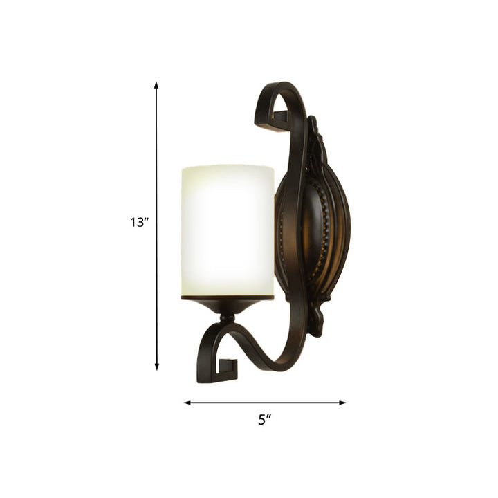 Skørter | Black cylindrical wall lamp vintage style metal 1-light study wall lamp with white glass shade