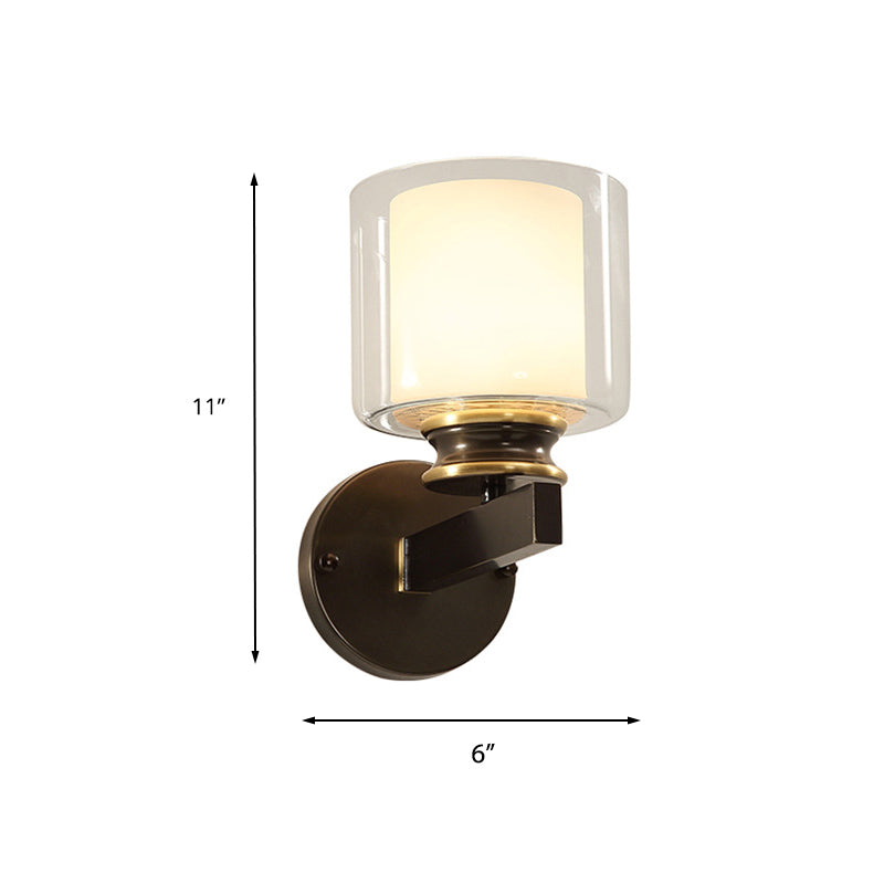 Skørter | Black 1-Light Wall Mounted Fixture Traditional Metal Cylinder Wall Light with Double-Tier Glass Shade for Bedroom