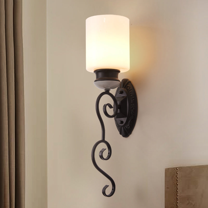 Skørter | Retro cylindrical shade wall lighting 1 lamp frosted glass wall lamp light in black for bedroom