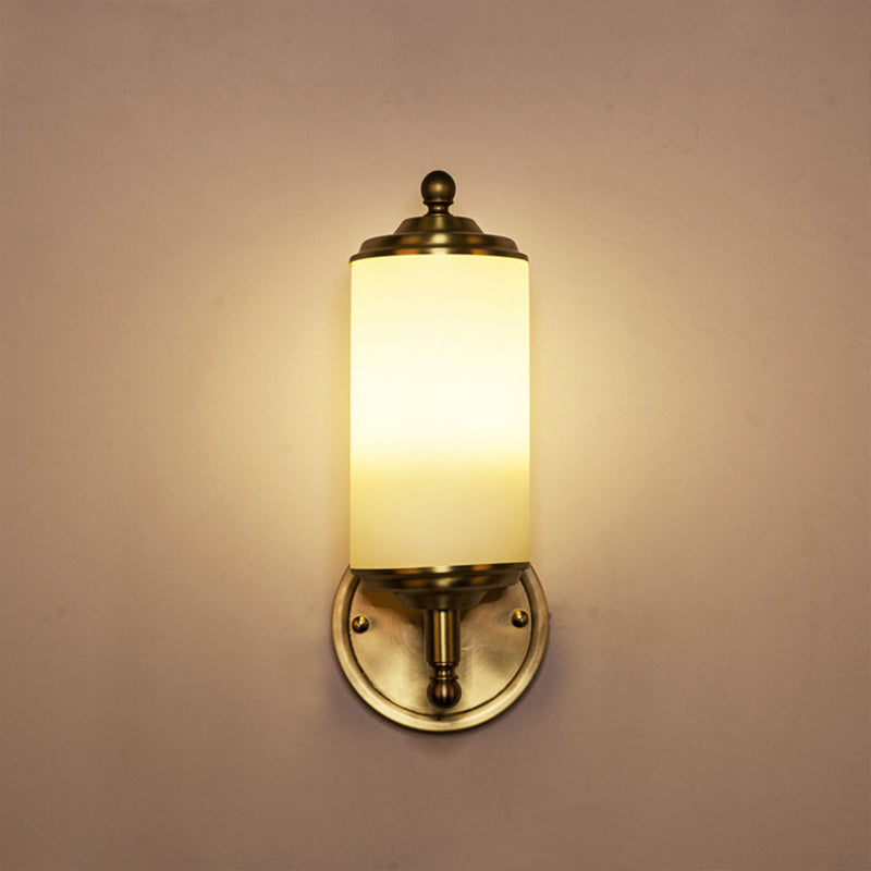 Skørter | Brass Cylindrical Wall Light Retro Milk Glass Shade 1-Light Hallway Wall Light with Straight Arm