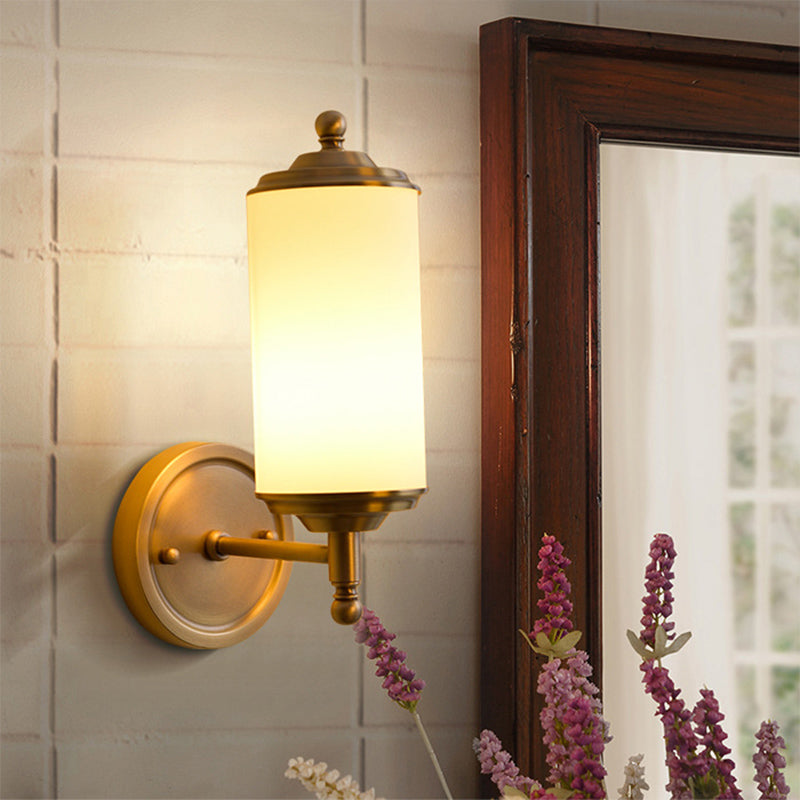 Skørter | Brass Cylindrical Wall Light Retro Milk Glass Shade 1-Light Hallway Wall Light with Straight Arm