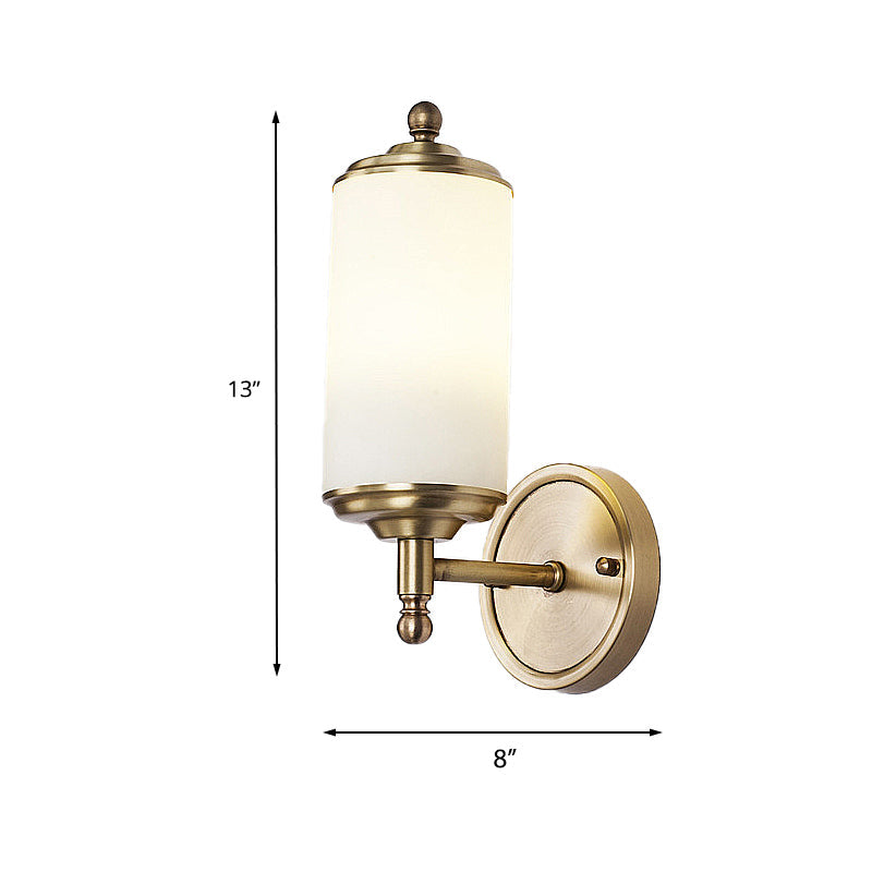 Skørter | Brass Cylindrical Wall Light Retro Milk Glass Shade 1-Light Hallway Wall Light with Straight Arm