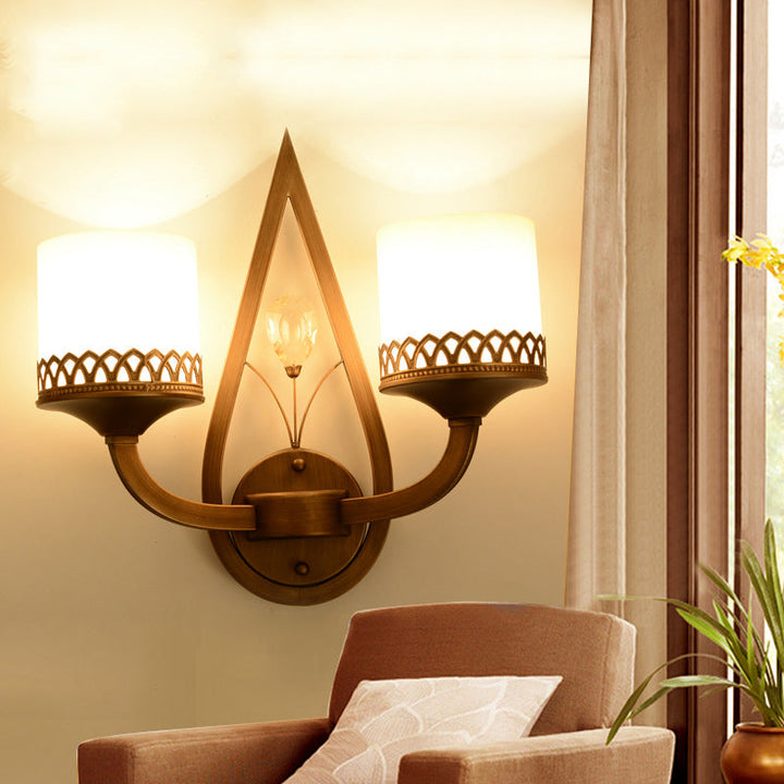 Skørter | Coffee Cylinder Wall Lamp Retro Milk Glass Shade 1/2-Light Living Room Wall Lamp with Crystal Accent