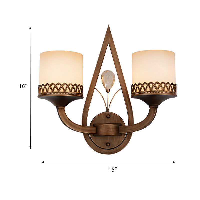 Skørter | Coffee Cylinder Wall Lamp Retro Milk Glass Shade 1/2-Light Living Room Wall Lamp with Crystal Accent