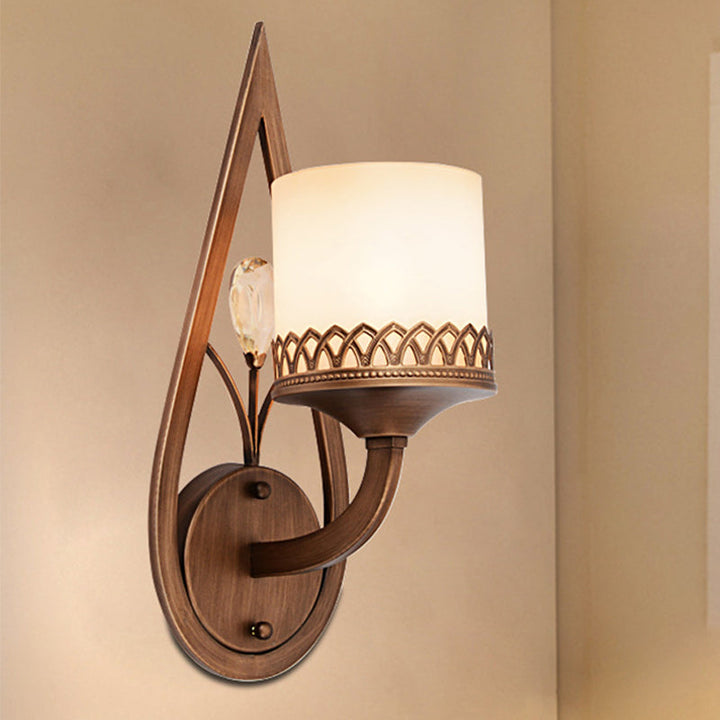 Skørter | Coffee Cylinder Wall Lamp Retro Milk Glass Shade 1/2-Light Living Room Wall Lamp with Crystal Accent