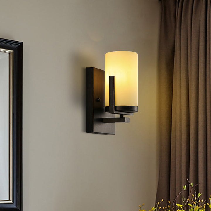 Skørter | Opal Glass Black Wall Lamp Cylinder 1-Light Modern Wall Mount Lighting Fixture with Square Back Plate for Front Door