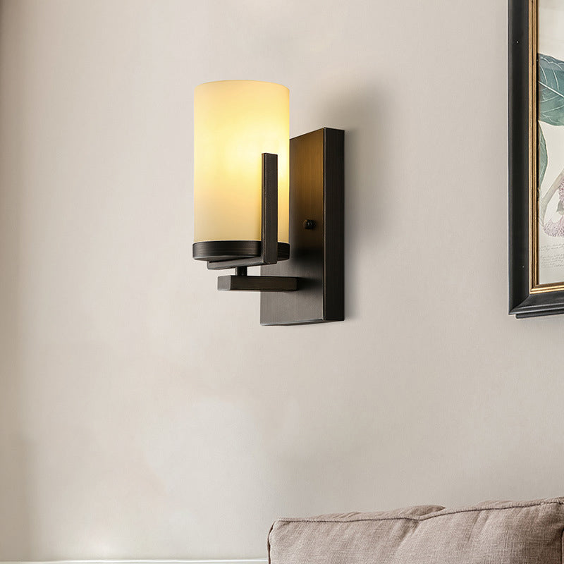 Skørter | Opal Glass Black Wall Lamp Cylinder 1-Light Modern Wall Mount Lighting Fixture with Square Back Plate for Front Door