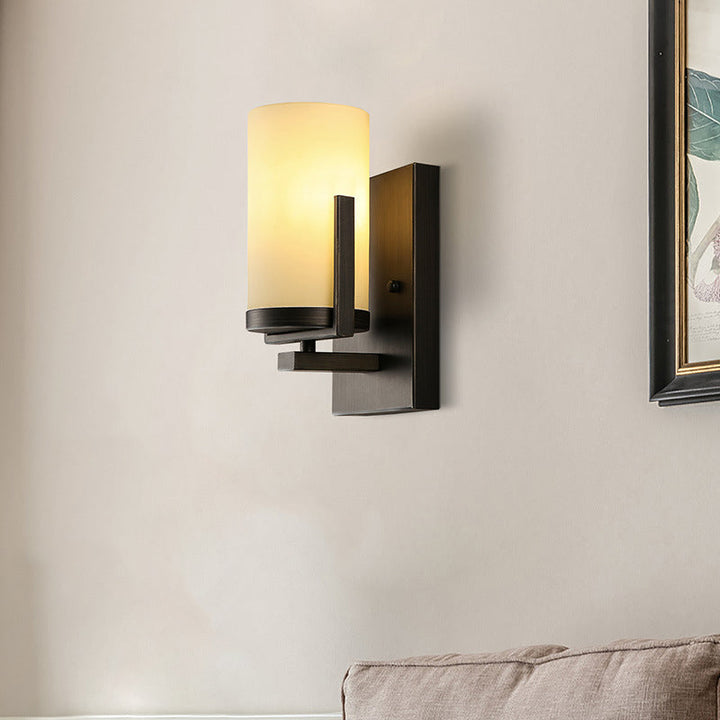 Skørter | Opal Glass Black Wall Lamp Cylinder 1-Light Modern Wall Mount Lighting Fixture with Square Back Plate for Front Door