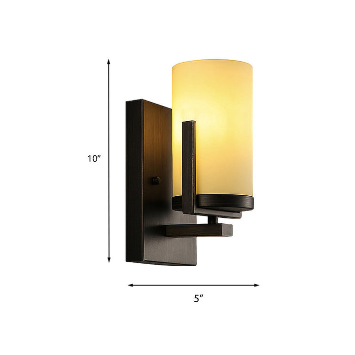 Skørter | Opal Glass Black Wall Lamp Cylinder 1-Light Modern Wall Mount Lighting Fixture with Square Back Plate for Front Door