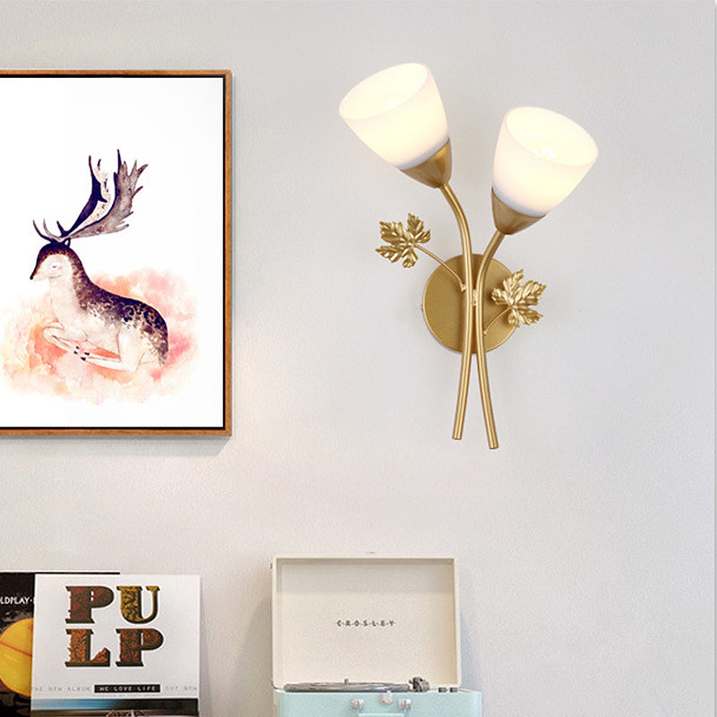 Skørter | Frosted Glass Bowl Sconce Contemporary 1/2-Light Hallway Wall Mounted Light with Leaf-Shaped Decoration in Black/Gold