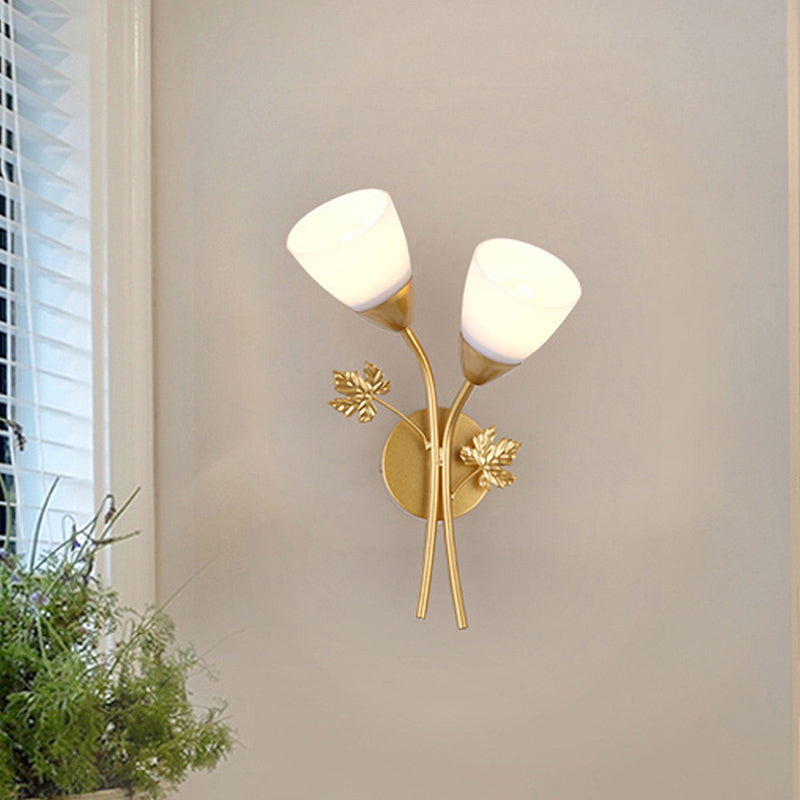 Skørter | Frosted Glass Bowl Sconce Contemporary 1/2-Light Hallway Wall Mounted Light with Leaf-Shaped Decoration in Black/Gold