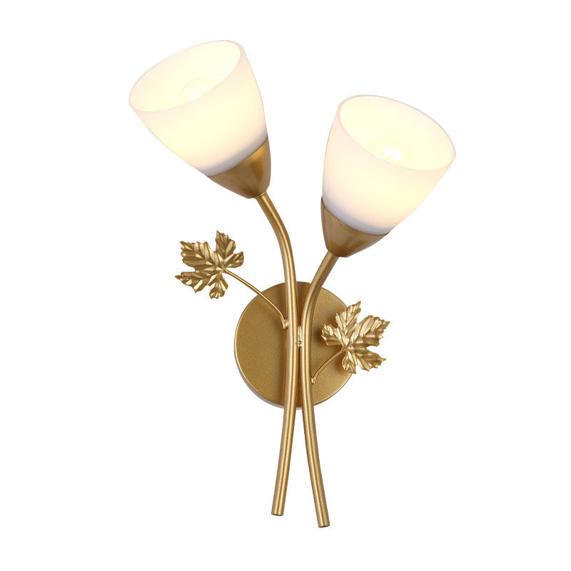 Skørter | Frosted Glass Bowl Sconce Contemporary 1/2-Light Hallway Wall Mounted Light with Leaf-Shaped Decoration in Black/Gold