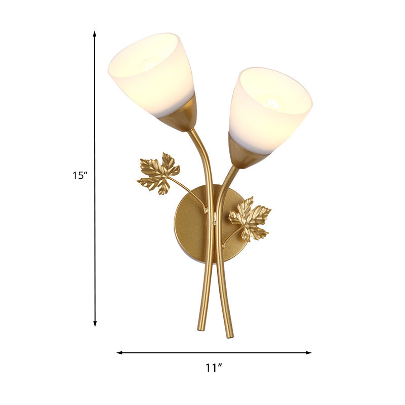Skørter | Frosted Glass Bowl Sconce Contemporary 1/2-Light Hallway Wall Mounted Light with Leaf-Shaped Decoration in Black/Gold