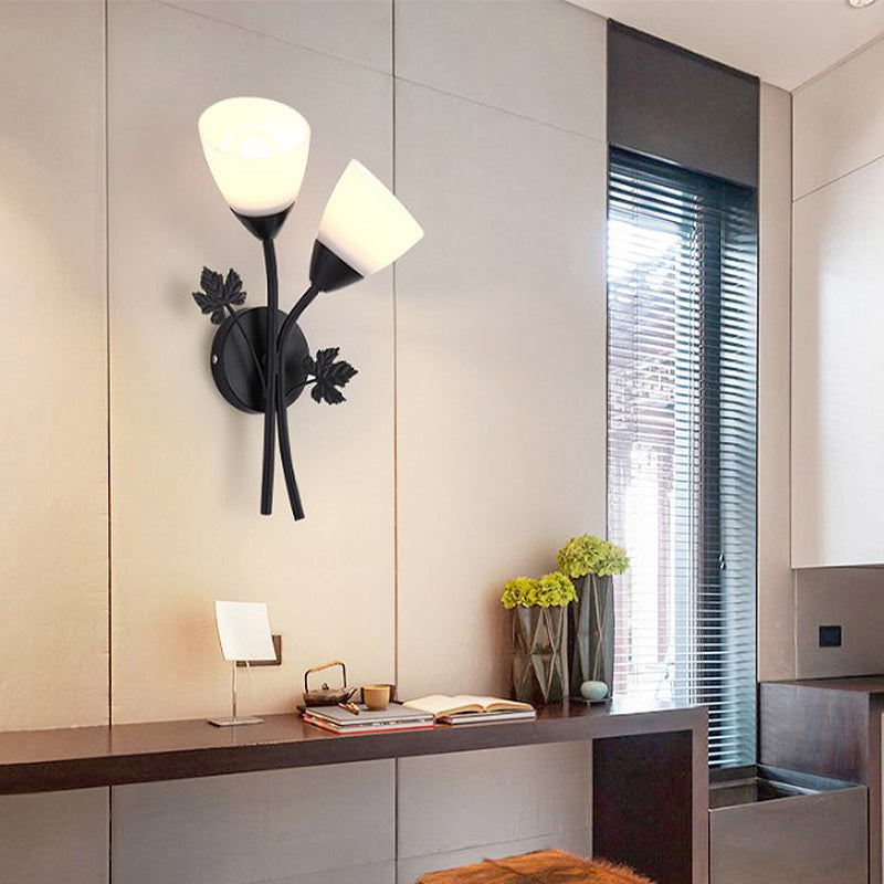 Skørter | Frosted Glass Bowl Sconce Contemporary 1/2-Light Hallway Wall Mounted Light with Leaf-Shaped Decoration in Black/Gold