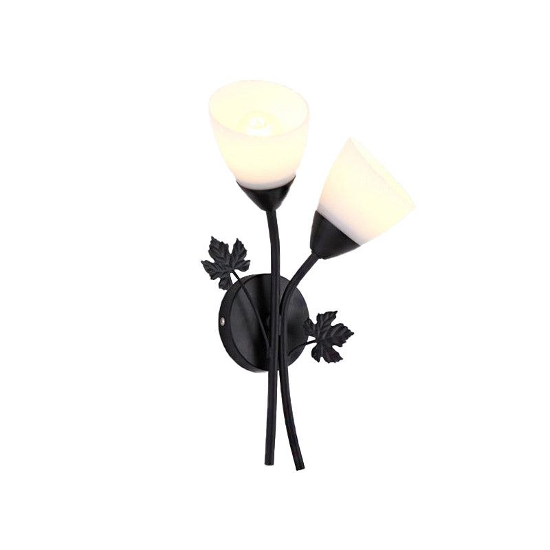 Skørter | Frosted Glass Bowl Sconce Contemporary 1/2-Light Hallway Wall Mounted Light with Leaf-Shaped Decoration in Black/Gold