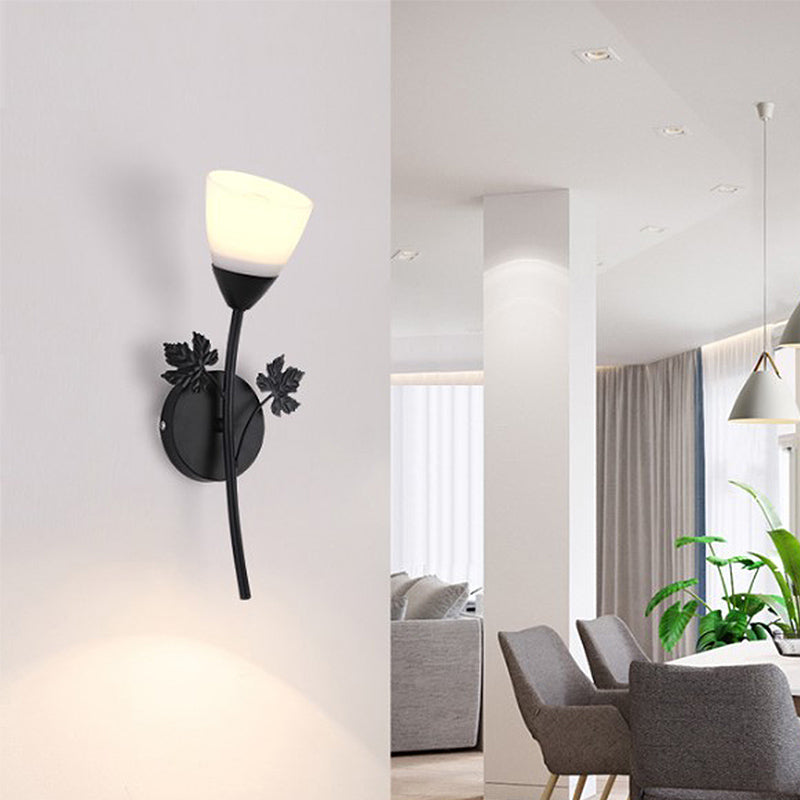 Skørter | Frosted Glass Bowl Sconce Contemporary 1/2-Light Hallway Wall Mounted Light with Leaf-Shaped Decoration in Black/Gold