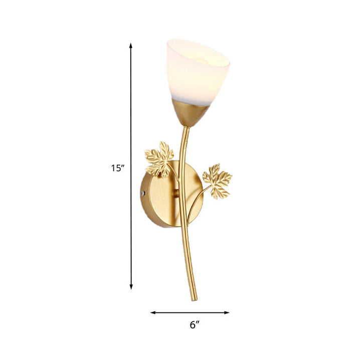 Skørter | Frosted Glass Bowl Sconce Contemporary 1/2-Light Hallway Wall Mounted Light with Leaf-Shaped Decoration in Black/Gold