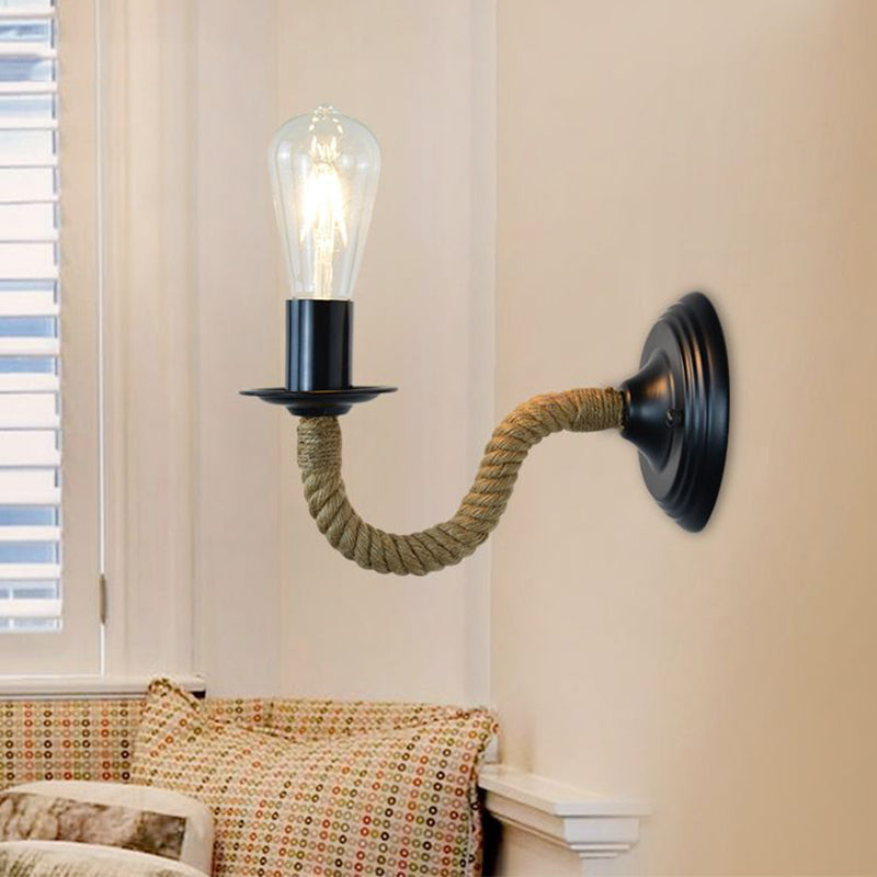 Skørter | Traditional Simple Pear Wall Lamp 1-Light Metal Wall Light with Rope Wrapped Arm in Black