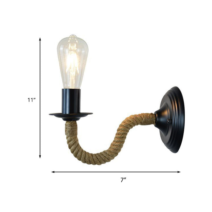 Skørter | Traditional Simple Pear Wall Lamp 1-Light Metal Wall Light with Rope Wrapped Arm in Black