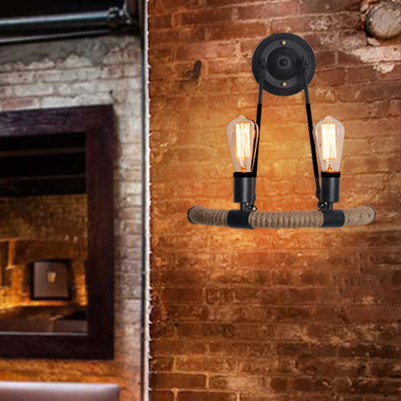 Skørter | Expose Bulb Metal Wall Lamp Vintage 2-Light Porch Wall Sconces Lighting with Rope Woven Arm in Black