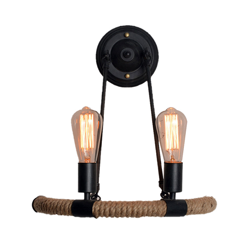 Skørter | Expose Bulb Metal Wall Lamp Vintage 2-Light Porch Wall Sconces Lighting with Rope Woven Arm in Black