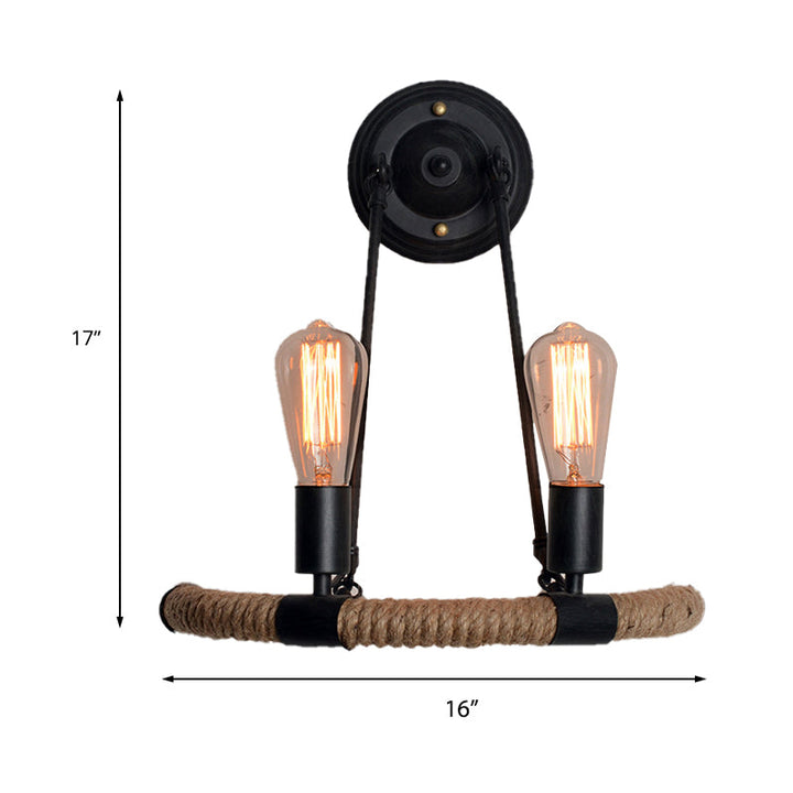 Skørter | Expose Bulb Metal Wall Lamp Vintage 2-Light Porch Wall Sconces Lighting with Rope Woven Arm in Black