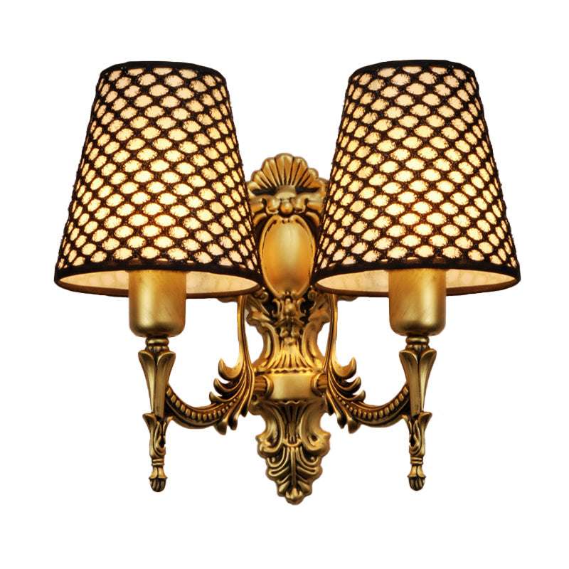 Skørter | Golden Cone Wall Mount Light Traditional Metal 1/2 Light Living Room Embossed Wall Light with Grid Fabric Shade