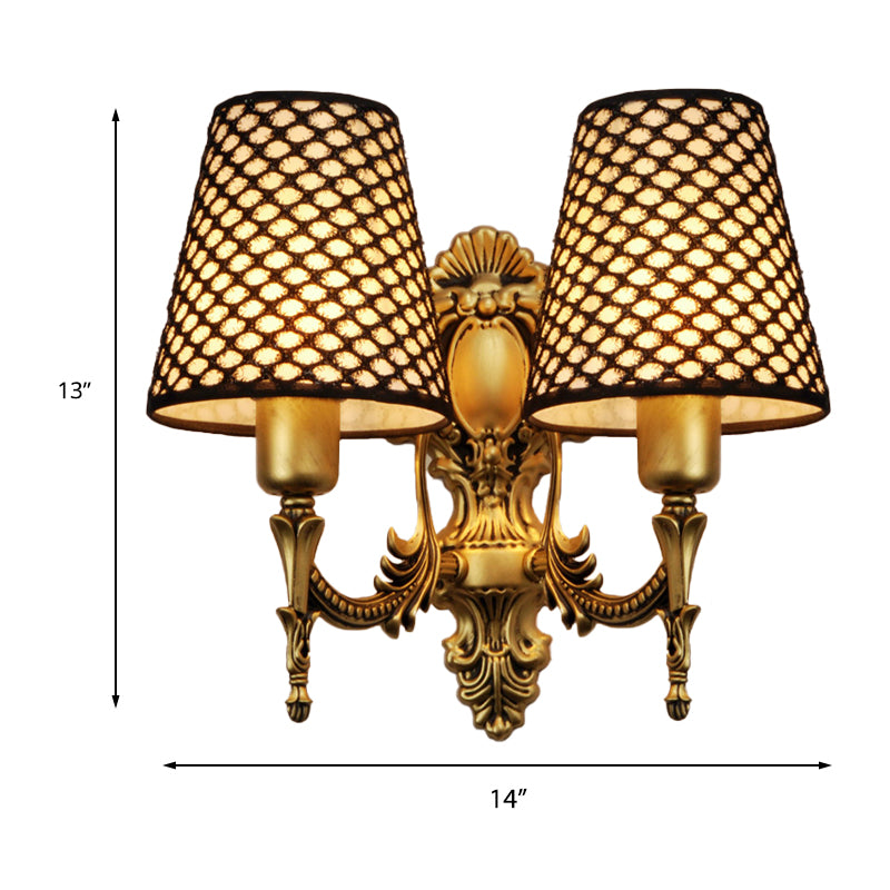 Skørter | Golden Cone Wall Mount Light Traditional Metal 1/2 Light Living Room Embossed Wall Light with Grid Fabric Shade